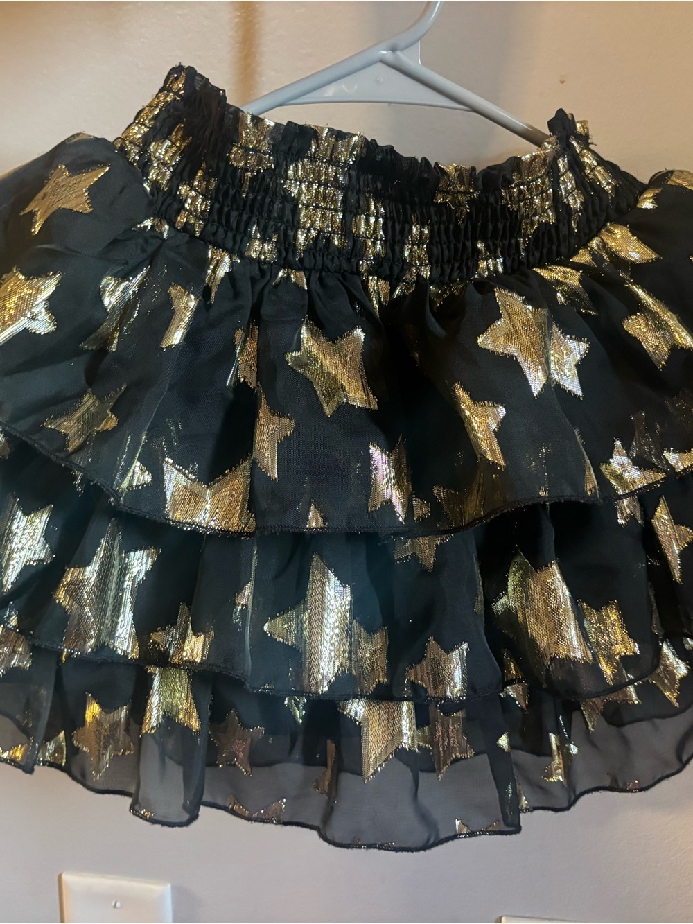 Black Tiered Ruffle Skirt with Gold Star Foil Print